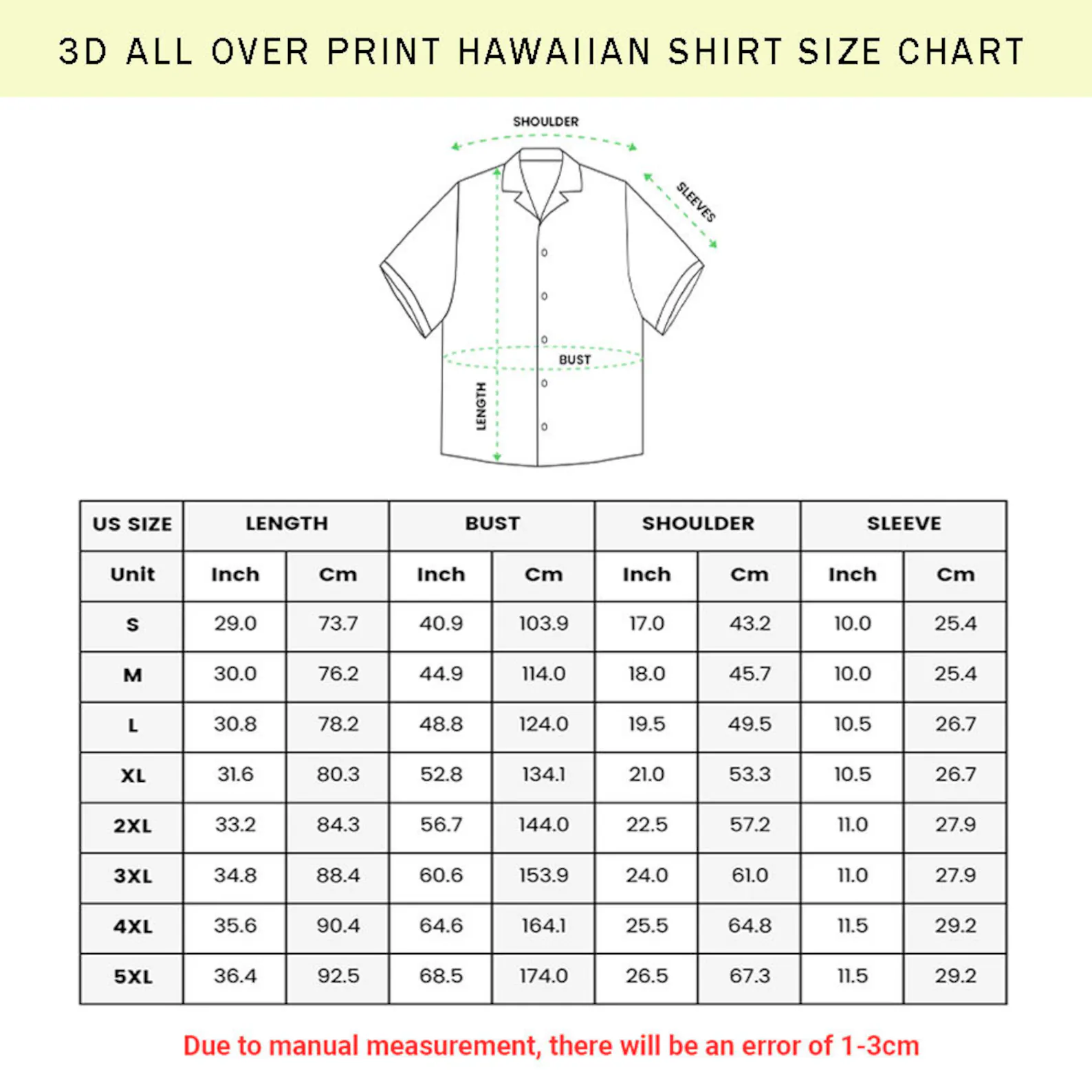 Hawaiian Shirt Size Chart