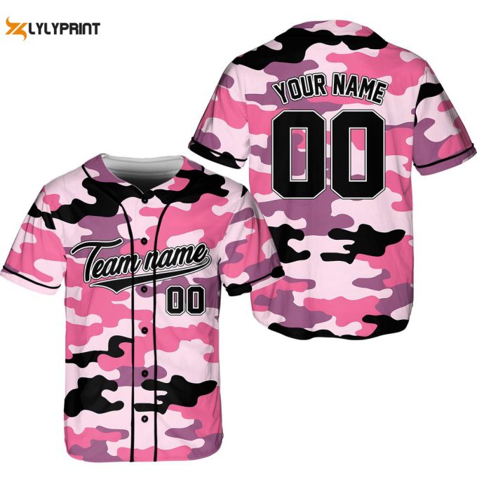 Custom Team Name And Number Baseball Jersey, Personalized Pink Camouflage Baseball Jersey