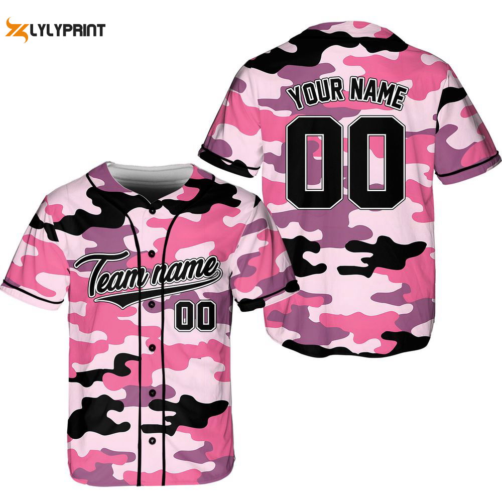 Custom Team Name And Number Baseball Jersey, Personalized Pink Camouflage Baseball Jersey Custom Team Name And Number Baseball Jersey, Personalized Pink Camouflage Baseball Jersey