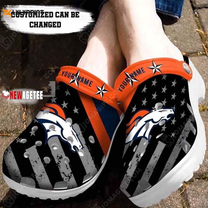 Denver Broncos American Flag Breaking Wall Crocs Customized Clogs