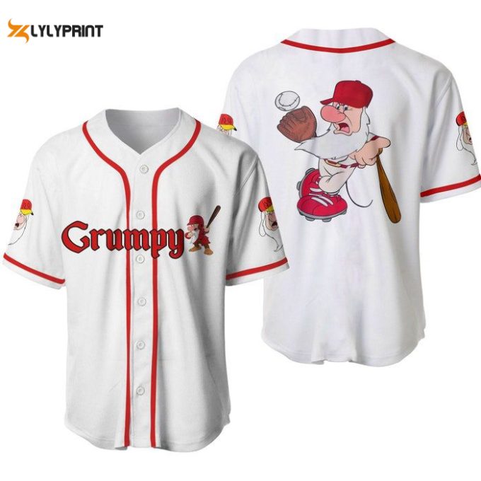Grumpy Dwarf White Red Disney Unisex Cartoon Graphics Casual Outfits Custom Baseball Jersey Gifts for Fans