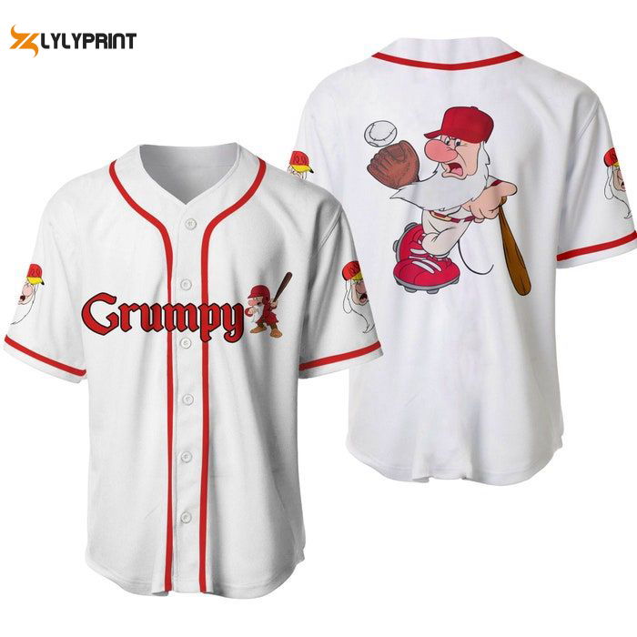 Grumpy Dwarf White Red Disney Unisex Cartoon Graphics Casual Outfits Custom Baseball Jersey Gifts for Fans Grumpy Dwarf White Red Disney Unisex Cartoon Graphics Casual Outfits Custom Baseball Jersey Gifts for Fans