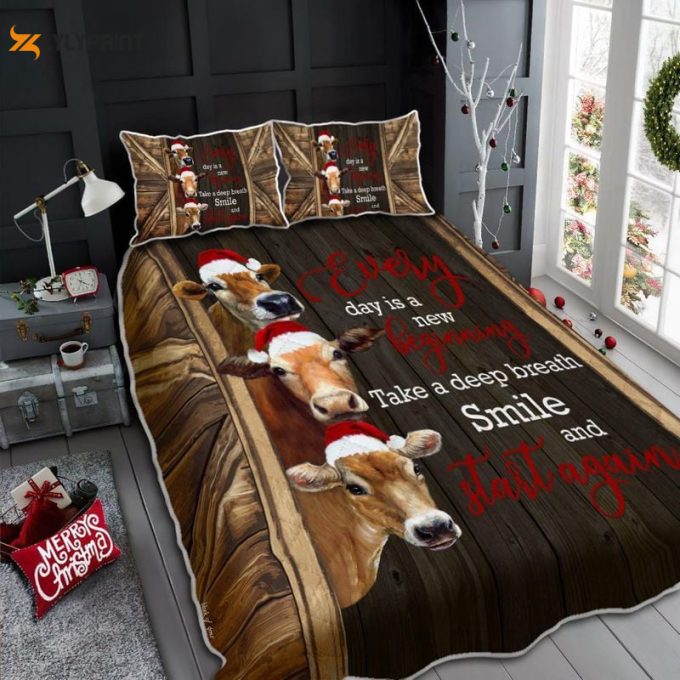 Every Day Is A New Beginning Take A Deep Breath Smile And Start Again Cow Christmas Quilt Bedding Set
