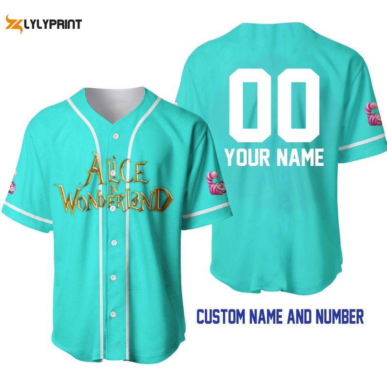Personalized Alice In Wonderland All Over Print Baseball Jersey – Turquoise Personalized Alice In Wonderland All Over Print Baseball Jersey – Turquoise