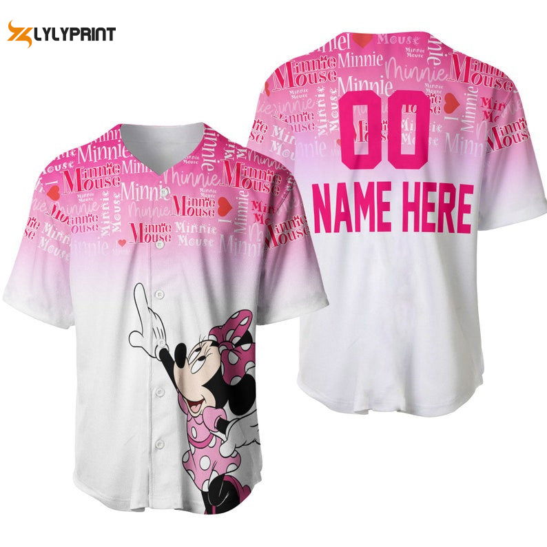 Personalized Minnie Mouse Quotes Pattern All Over Print Baseball Jersey – Ombre Pink White Personalized Minnie Mouse Quotes Pattern All Over Print Baseball Jersey – Ombre Pink White