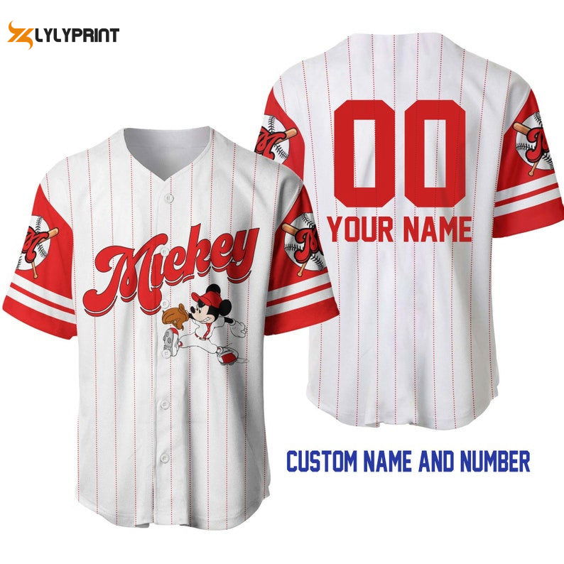 Personalized Mickey Mouse All Over Print Pinstripe Baseball Jersey Personalized Mickey Mouse All Over Print Pinstripe Baseball Jersey