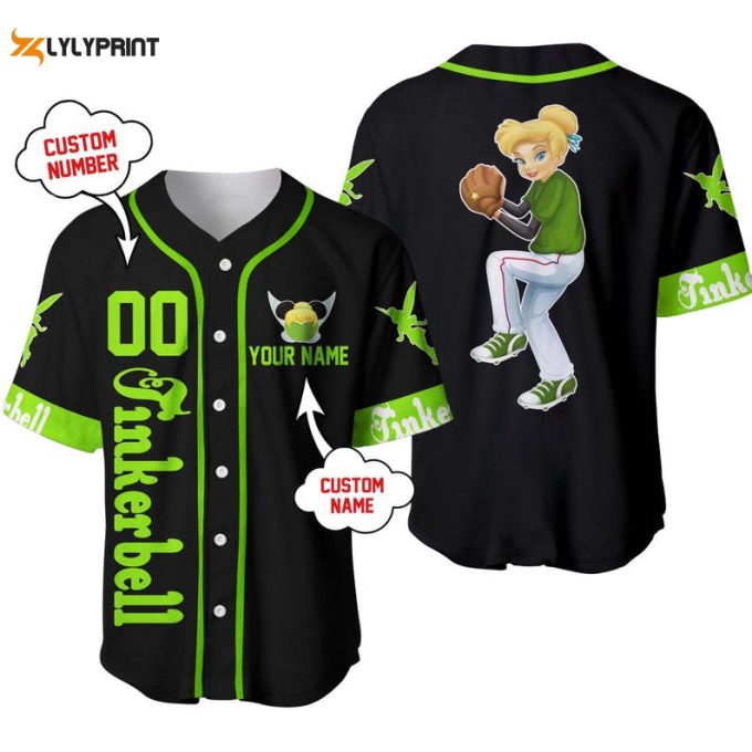 Personalized Tinker Bell Playing Baseball All Over Print Baseball Jersey