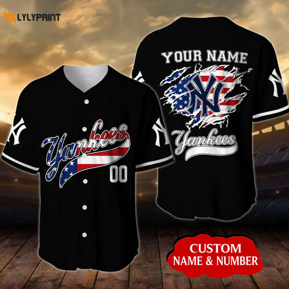 Personalized New York Yankees USA Flag Pattern All Over Print Unisex Baseball Jersey Personalized New York Yankees USA Flag Pattern All Over Print Unisex Baseball Jersey